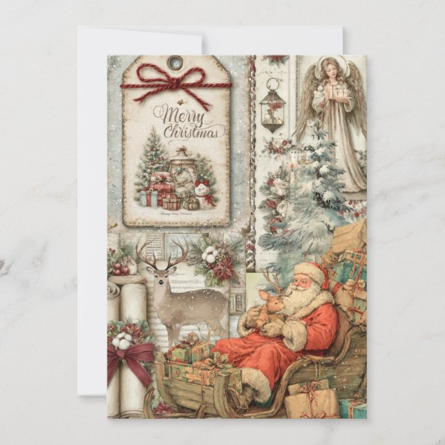 Whimsical Rustic Vintage Santa  Christmas Card (Front)