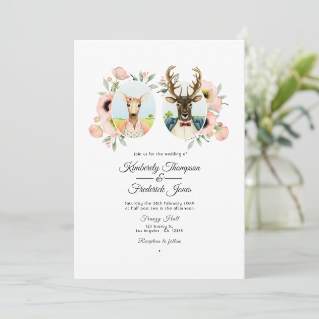 Whimsical Rustic Woodland Forest Deer Wedding Invitation (Standing Front)