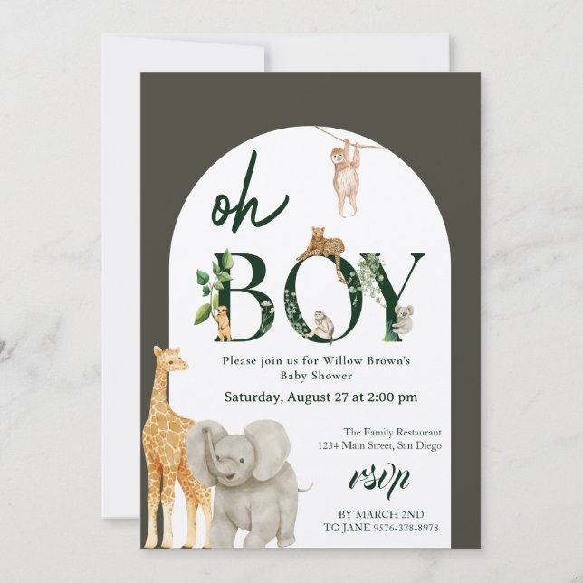  whimsical Safari Animal Jungle Green Baby Shower Invitation (Front)