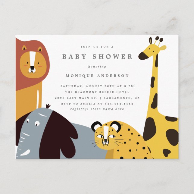 Whimsical Safari Jungle Zoo Animals Baby Shower Invitation Postcard (Front)