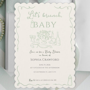 Whimsical Sage Doodle Let's Brunch Baby Shower Invitation