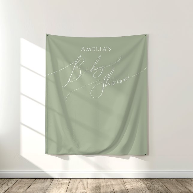 Whimsical Sage Green Baby Shower Backdrop Tapestry (Creator Uploaded)