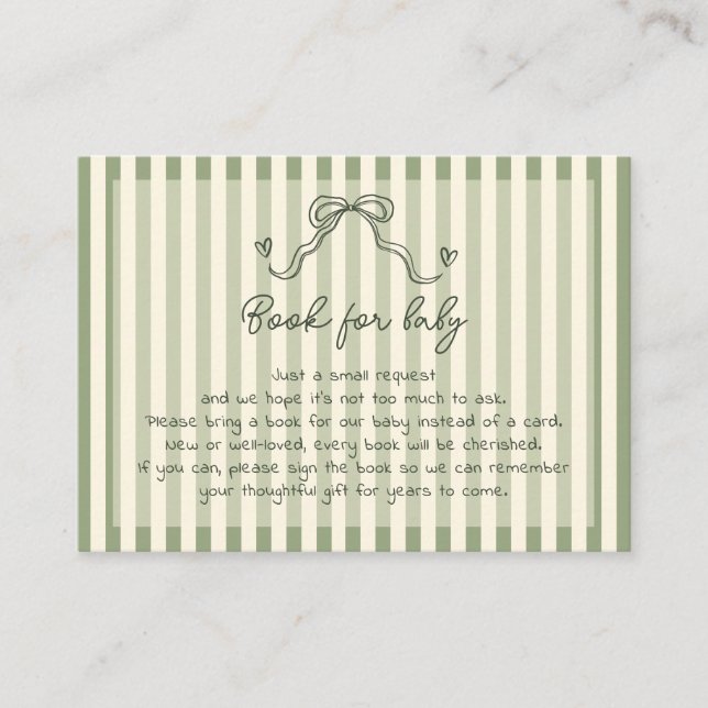 Whimsical Sage Green Baby Shower Book For Baby Enclosure Card (Front)