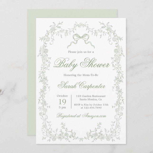 Whimsical Sage Green Baby Shower Invitation (Front/Back)