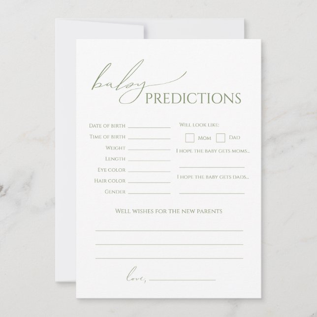 Whimsical Sage Green Baby Shower Predictions Card (Front)