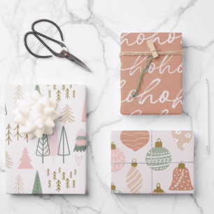 Whimsical Sage Green Blush Pink Christmas Patterns Wrapping Paper Sheet