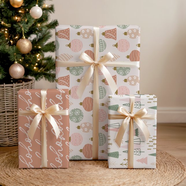 Whimsical Sage Green Blush Pink Christmas Patterns Wrapping Paper Sheet (Creator Uploaded)