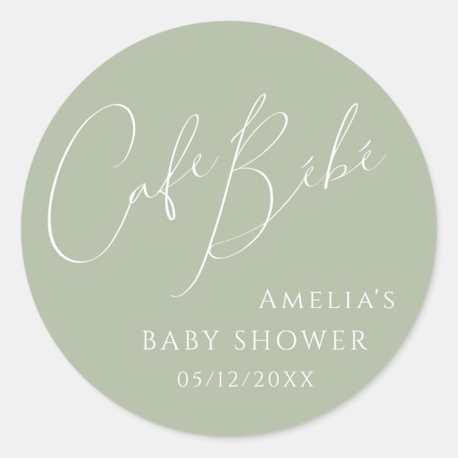 Whimsical Sage Green Cafe Bébé Shower 1 1/2" Classic Round Sticker (Front)