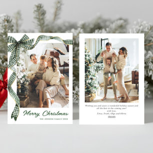 Whimsical Sage Green Christmas Bow Ribbon 2 Photo Holiday Card