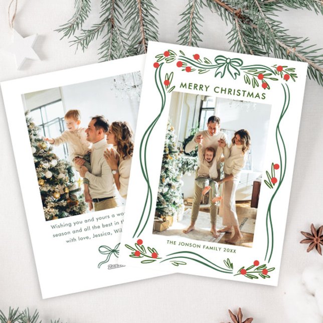 Whimsical Sage Green Christmas Bow Ribbon 2 Photo Holiday Card (Creator Uploaded)