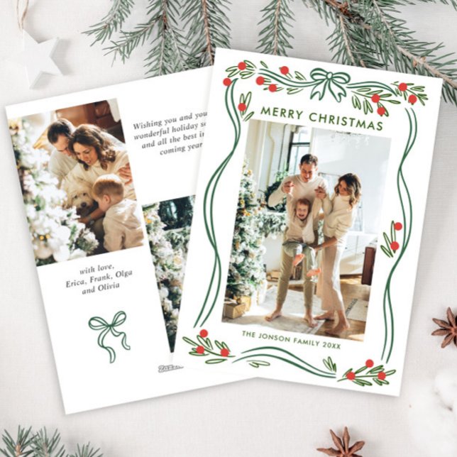 Whimsical Sage Green Christmas Bow Ribbon 3 Photo Holiday Card (Creator Uploaded)