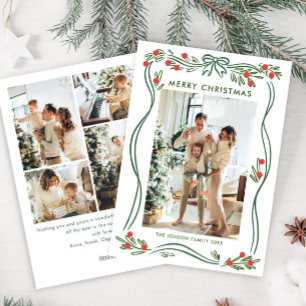 Whimsical Sage Green Christmas Bow Ribbon 5 Photo Holiday Card