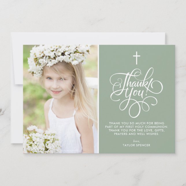 Whimsical Sage Green First Holy Communion Photo Thank You Card (Front)