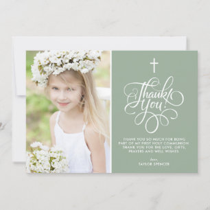 Whimsical Sage Green First Holy Communion Photo Thank You Card