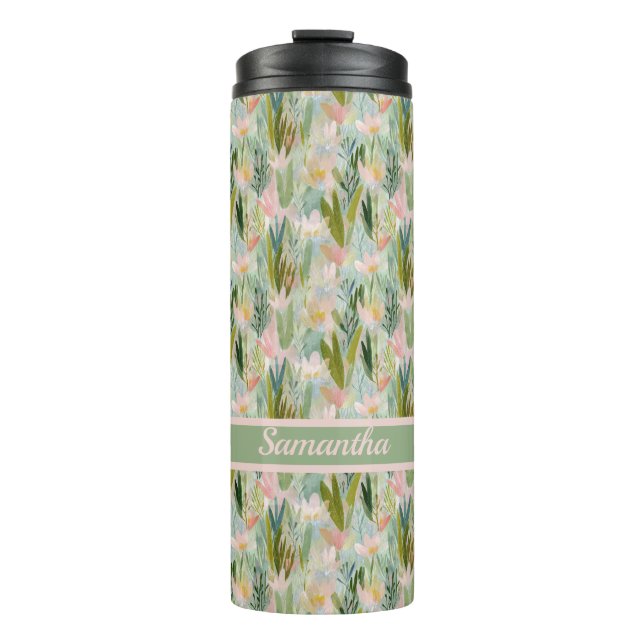 Whimsical Sage Green Floral Personalised  Thermal Tumbler (Front)