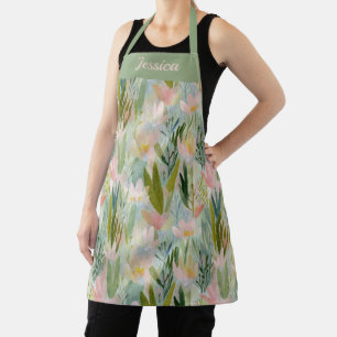 Whimsical Sage Green Floral Personalized Apron