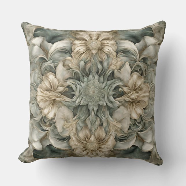 Whimsical Sage Green Floral Print Cushion (Front)