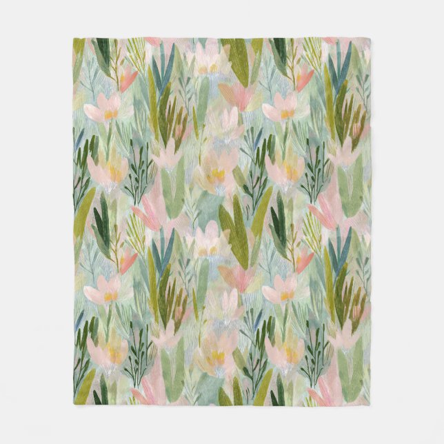 Whimsical Sage Green Floral watercolor Fleece Blanket (Front)