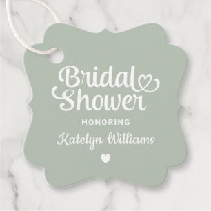 Whimsical Sage Green Heart Script Wedding Shower Favour Tags