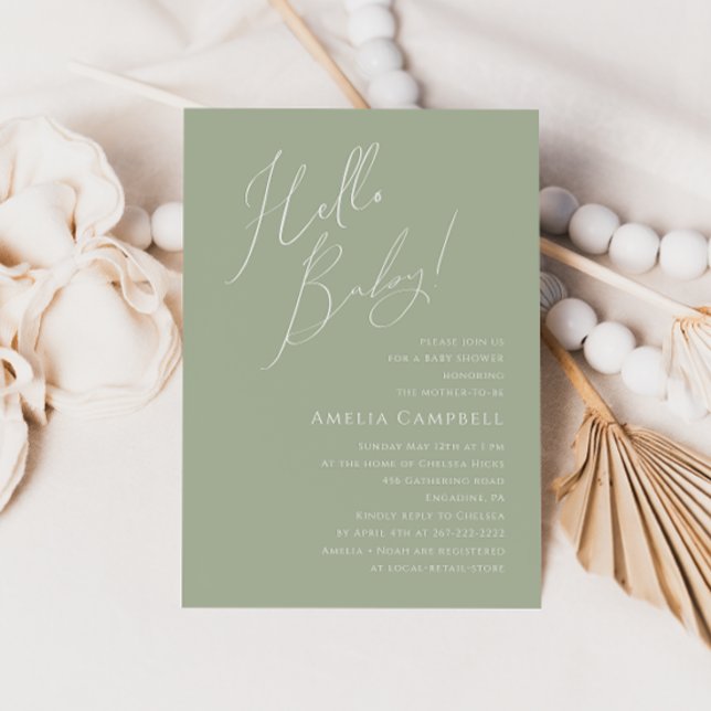 Whimsical Sage Green Hello Baby! Baby Shower Invitation (Creator Uploaded)