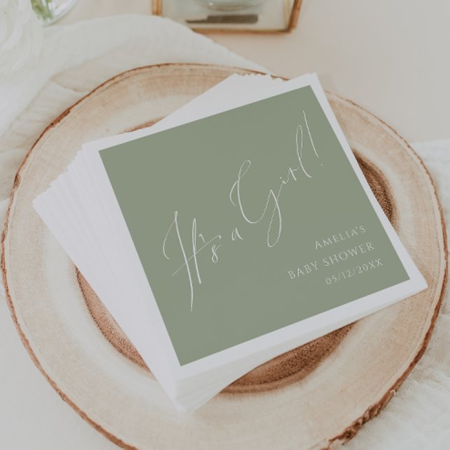 Whimsical Sage Green It's A Girl Baby Shower Napkin (Creator Uploaded)