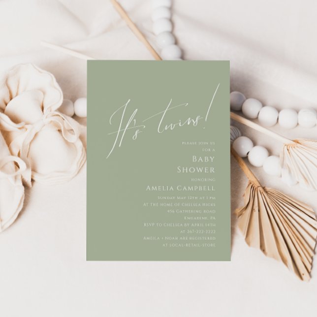 Whimsical Sage Green It's Twins Baby Shower Invitation (Creator Uploaded)