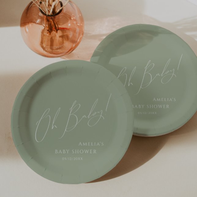 Whimsical Sage Green Oh Baby! Baby Shower Paper Plate (Creator Uploaded)