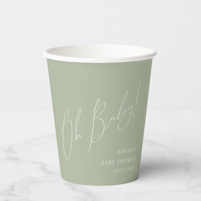 Whimsical Sage Green Oh Baby Shower Paper Cups (Front)