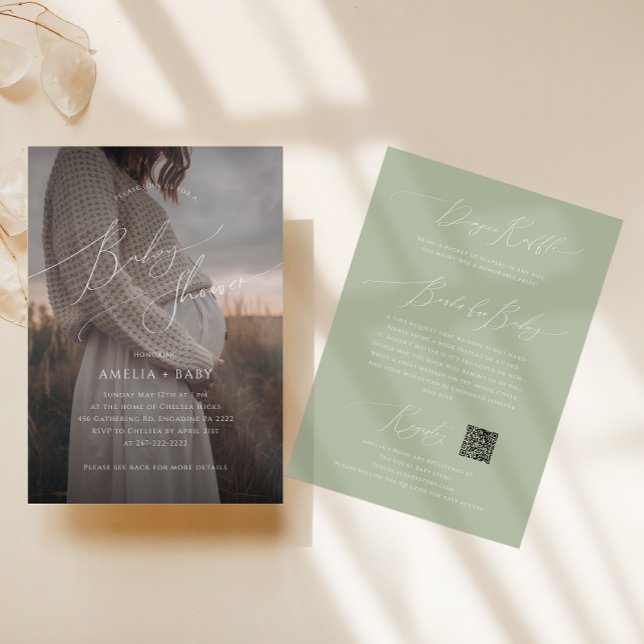 Whimsical Sage Green Photo All in One Baby Shower Invitation (Creator Uploaded)