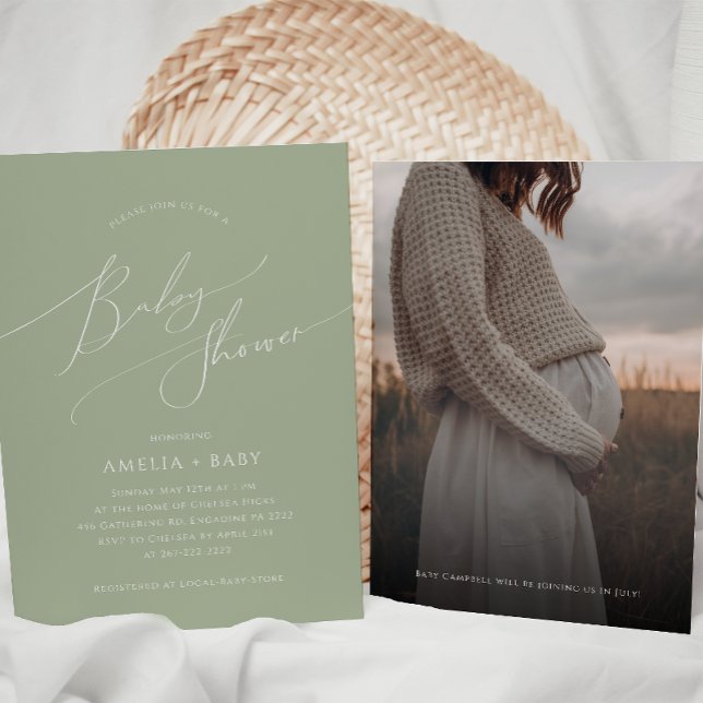 Whimsical Sage Green | Photo Baby Shower Invitation (Creator Uploaded)