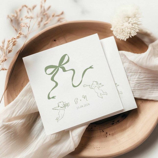 Whimsical Sage Green Wedding Napkin (hand drawn bow sage green wedding cocktail napkin, cherub illustration cocktail napkin)