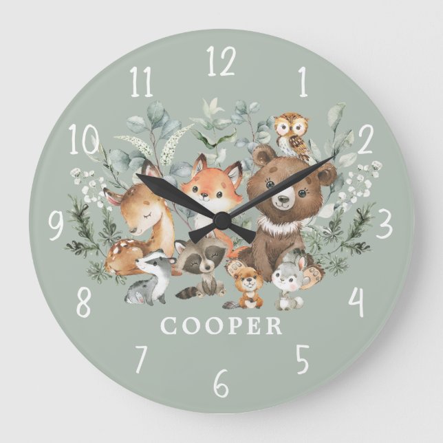 Whimsical Sage Green Woodland Animals Boy Nursery Large Clock (Front)