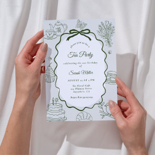 Whimsical Sage Hand Drawn Adult Birthday Tea Party Invitation