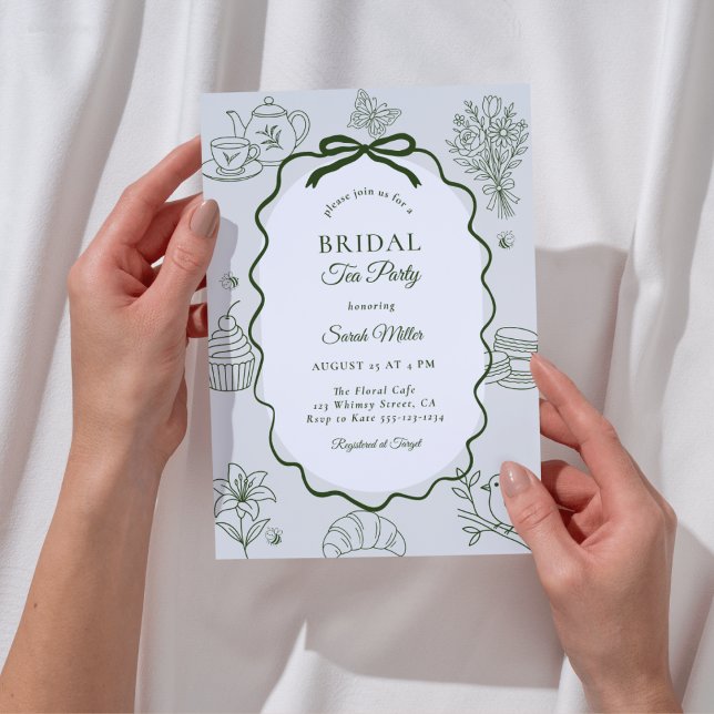 Whimsical Sage Hand Drawn Tea Party Bridal Shower Invitation (Creator Uploaded)