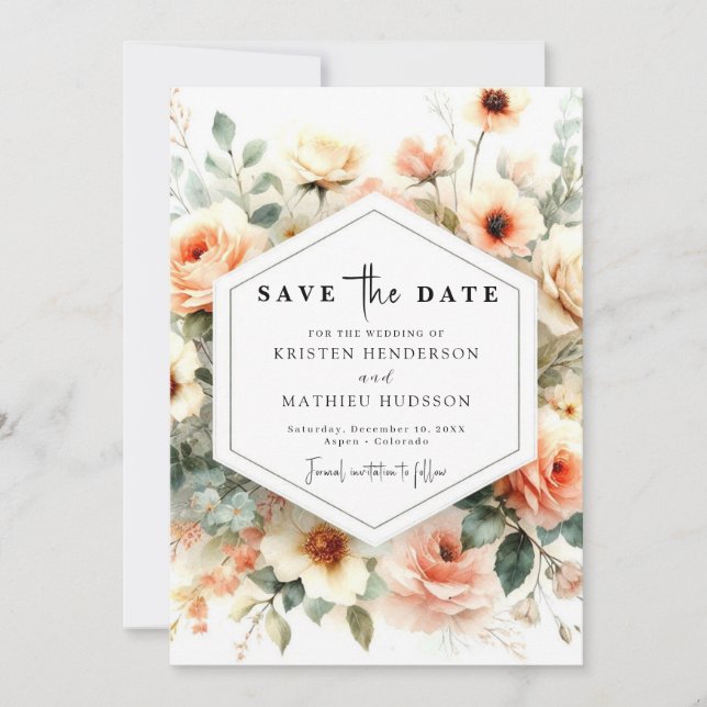 Whimsical Sage Peach Wedding Save The Date (Front)