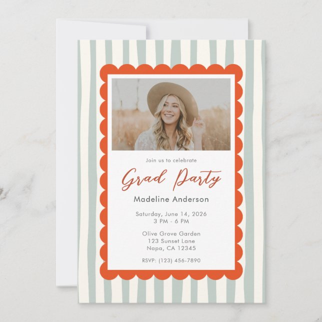 Whimsical Sage Stripes Graduation Party Photo Invitation (Front)