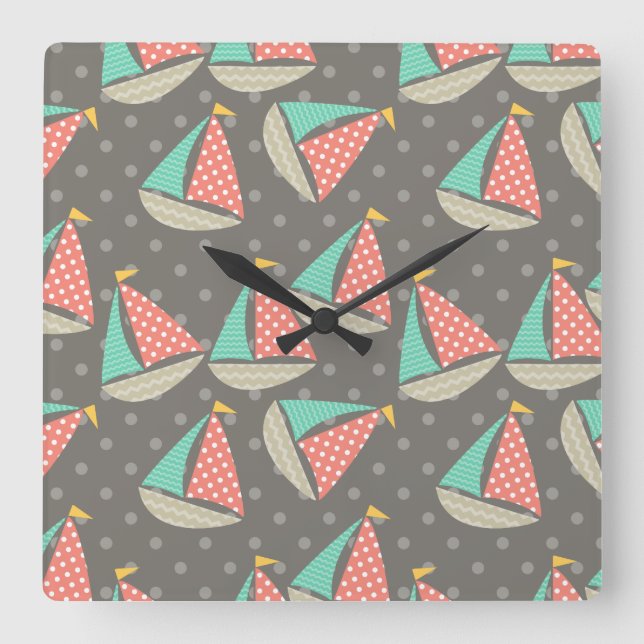 Whimsical Sailboats Square Wall Clock (Front)