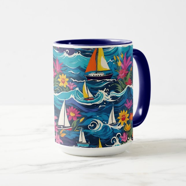 Whimsical Sailboats with Waves and Flowers Mug (Front Right)