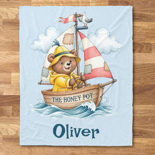 Whimsical Sailor Bear on Sailboat Fleece Blanket