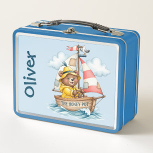 Whimsical Sailor Bear on Sailboat Metal Lunch Box