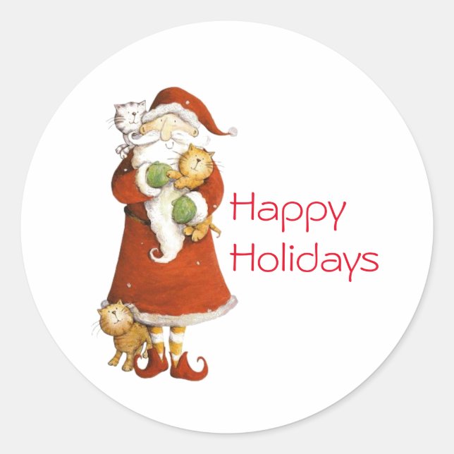 Whimsical Santa and Cats Holiday Classic Round Sticker (Front)