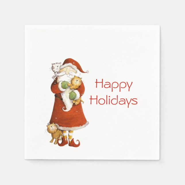 Whimsical Santa and Cats Holiday Napkin (Front)