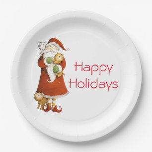 Whimsical Santa and Cats Holiday Paper Plate