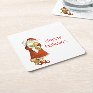 Whimsical Santa and Cats Holiday Square Paper Coaster