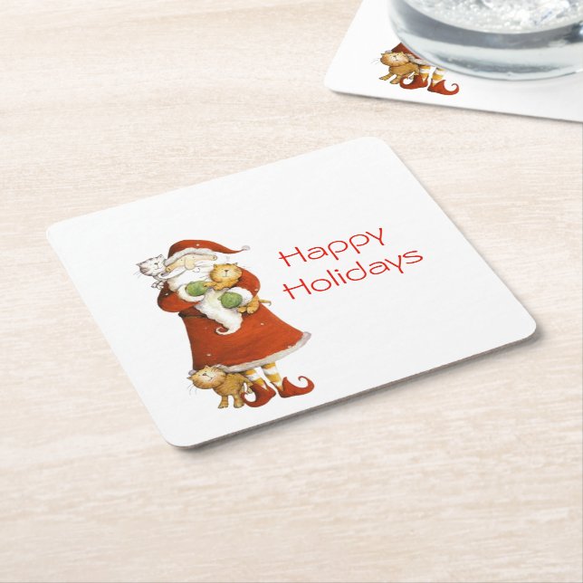 Whimsical Santa and Cats Holiday Square Paper Coaster (Angled)