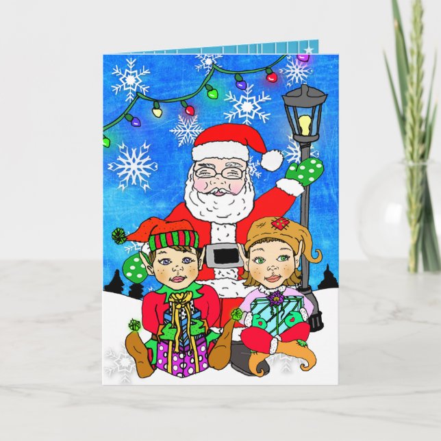 Whimsical Santa and Elves Christmas Card (Front)
