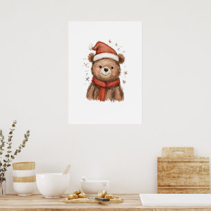 Whimsical Santa Bear with Red Scarf Poster
