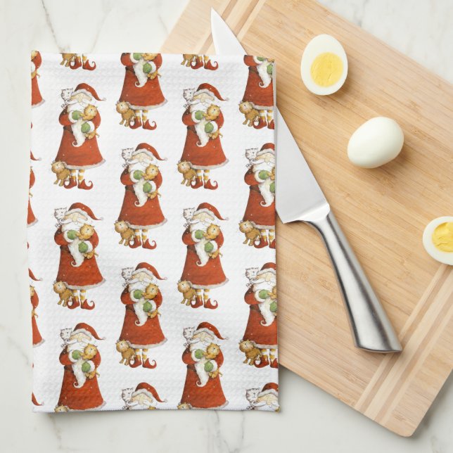 Whimsical Santa & Cats Tea Towel (Quarter Fold)