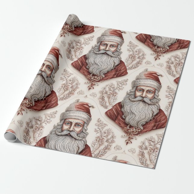 Whimsical Santa Claus & Botanical Wrapping Paper (Unrolled)