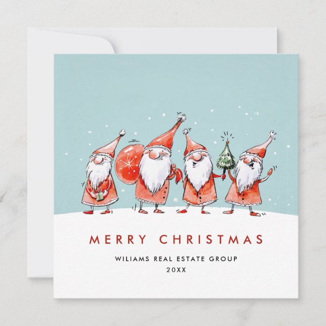 Whimsical Santa Claus Gnomes Christmas Corporate Holiday Card (Front)